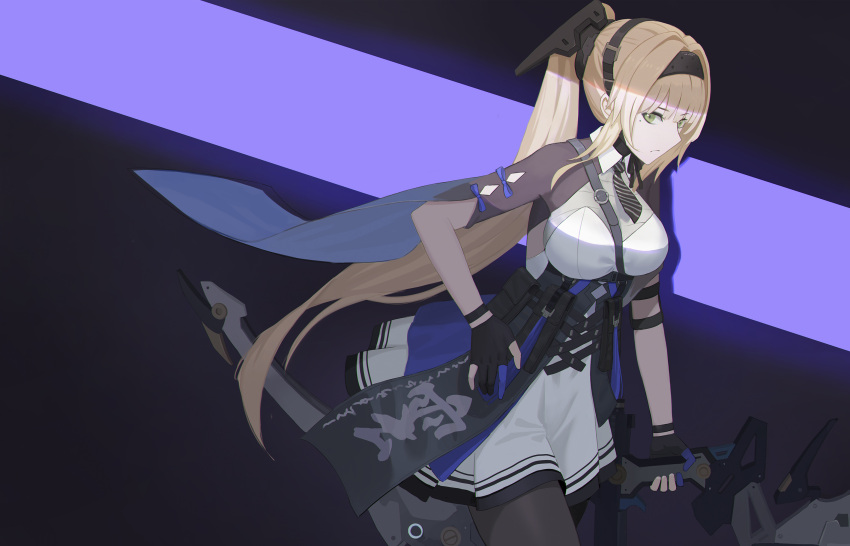 1girl bianca:_veritas_(punishing:_gray_raven) bianca_(punishing:_gray_raven) black_gloves black_hairband black_pantyhose bow_(weapon) breasts diagonal-striped_clothes diagonal-striped_necktie dress gloves green_eyes hair_intakes hairband highres holding holding_bow_(weapon) holding_weapon large_breasts light_brown_hair long_hair necktie pantyhose partially_fingerless_gloves ponytail punishing:_gray_raven solo striped_clothes wang_xiao_jun weapon white_dress