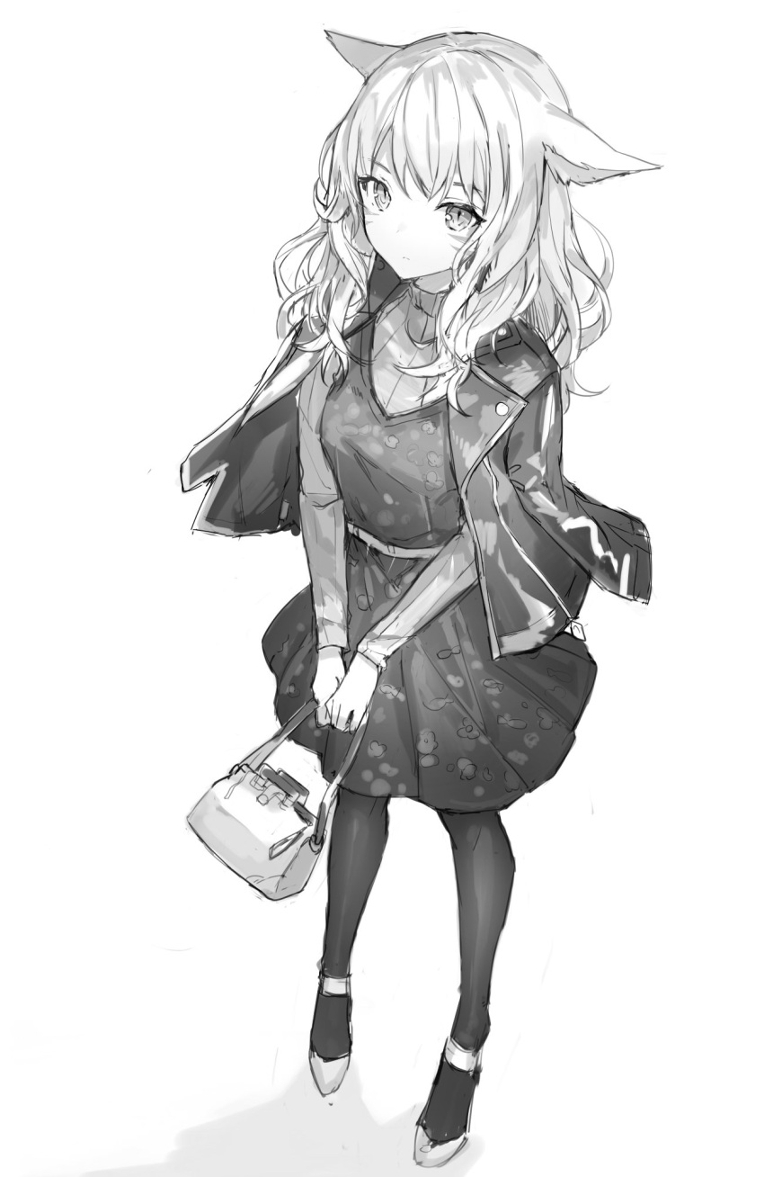 1girl animal_ears bag facial_mark final_fantasy final_fantasy_xiv full_body greyscale highres holding holding_bag jacket long_hair looking_at_viewer miqo'te momoko_(momopoco) monochrome open_clothes open_jacket own_hands_together simple_background solo thighhighs whisker_markings