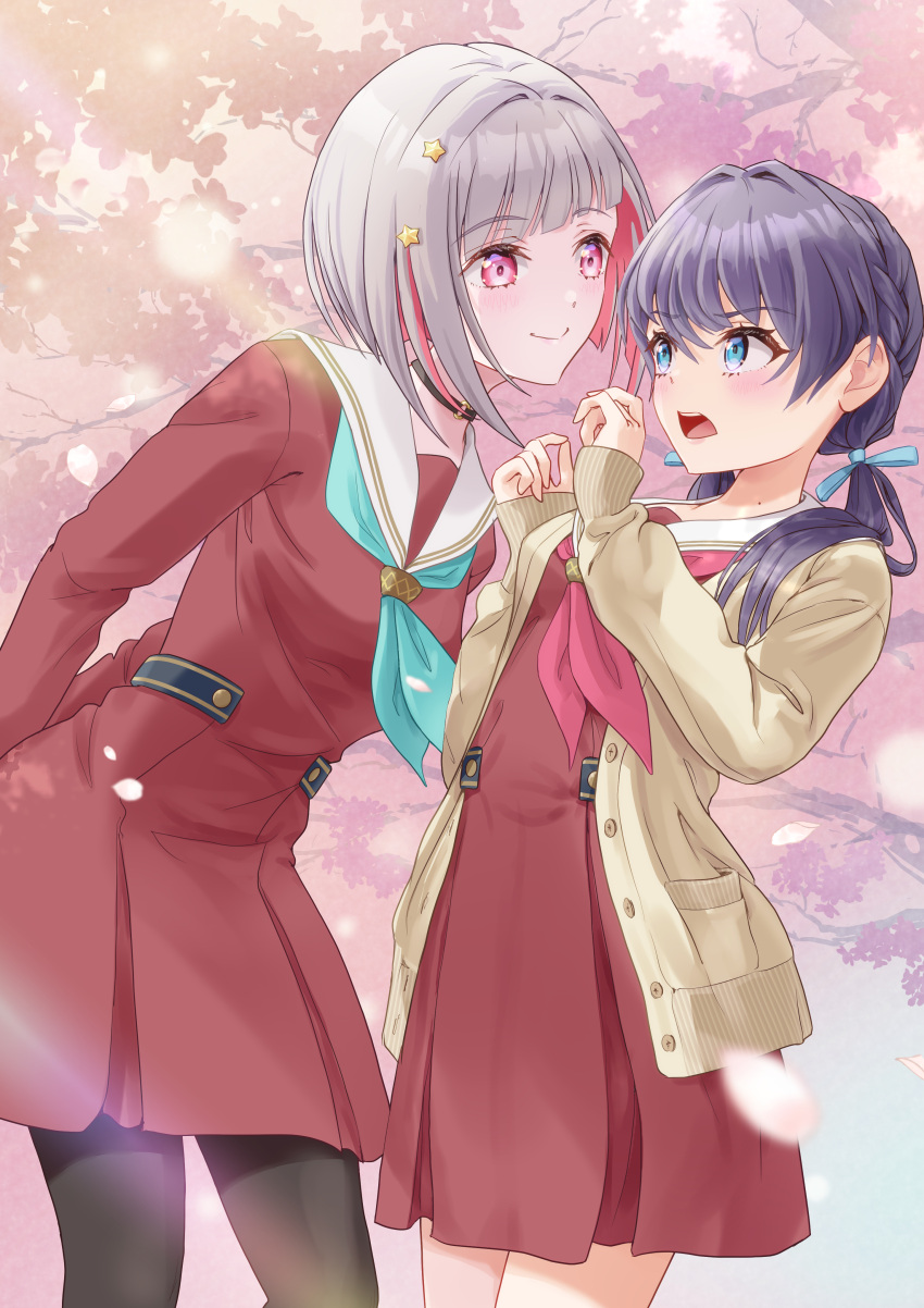 2girls absurdres arms_behind_back black_choker black_pantyhose blue_eyes blue_hair blurry blurry_foreground brown_cardigan brown_dress cardigan choker closed_mouth colored_inner_hair commentary_request dollchestra dress green_neckerchief grey_hair hair_ornament hasu_no_sora_school_uniform highres kobassy leaning_forward link!_like!_love_live! long_hair long_sleeves looking_at_another love_live! multicolored_hair multiple_girls murano_sayaka neckerchief open_cardigan open_clothes open_mouth pantyhose pink_eyes red_hair sailor_collar school_uniform short_hair sleeves_past_wrists smile star_(symbol) star_hair_ornament streaked_hair twintails upper_body virtual_youtuber white_sailor_collar winter_uniform yugiri_tsuzuri