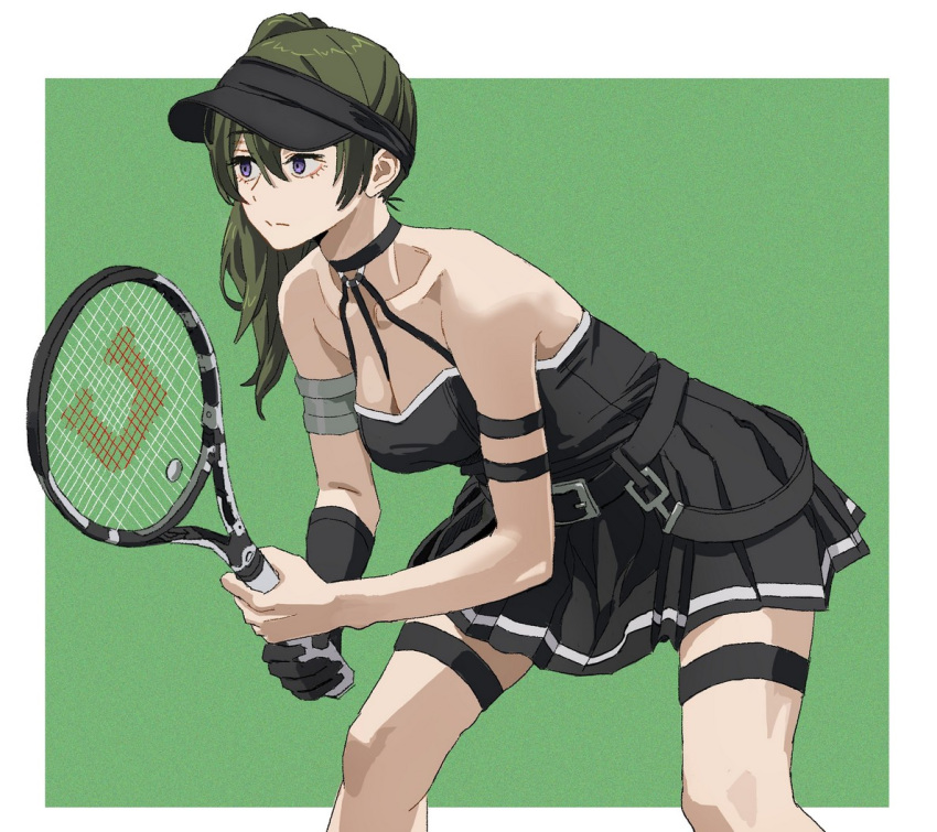 1girl asymmetrical_gloves black_dress black_gloves black_hat breasts cleavage contemporary dress gloves green_background green_hair holding_tennis_racket leaning_forward racket shiren_(ourboy83) solo sousou_no_frieren tennis_racket ubel_(sousou_no_frieren) visor_cap