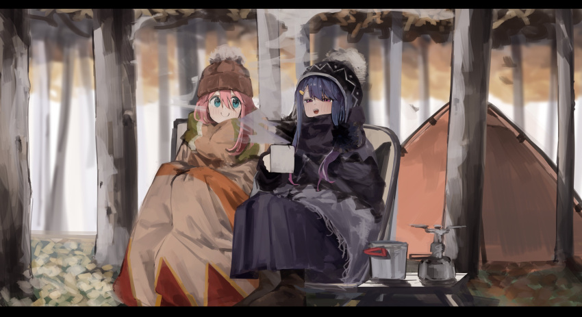2girls absurdres beanie blanket blue_eyes blue_hair camping camping_chair coat cup dark_blue_hair gloves half-closed_eyes hat highres kagamihara_nadeshiko long_hair long_sleeves looking_at_another maegami_(daisuki_oekaki1) mug multiple_girls open_mouth outdoors pink_hair pom_pom_(clothes) pom_pom_beanie portable_stove purple_eyes scarf shima_rin sitting skirt smile steam table tent tree winter_clothes wooden_table yurucamp
