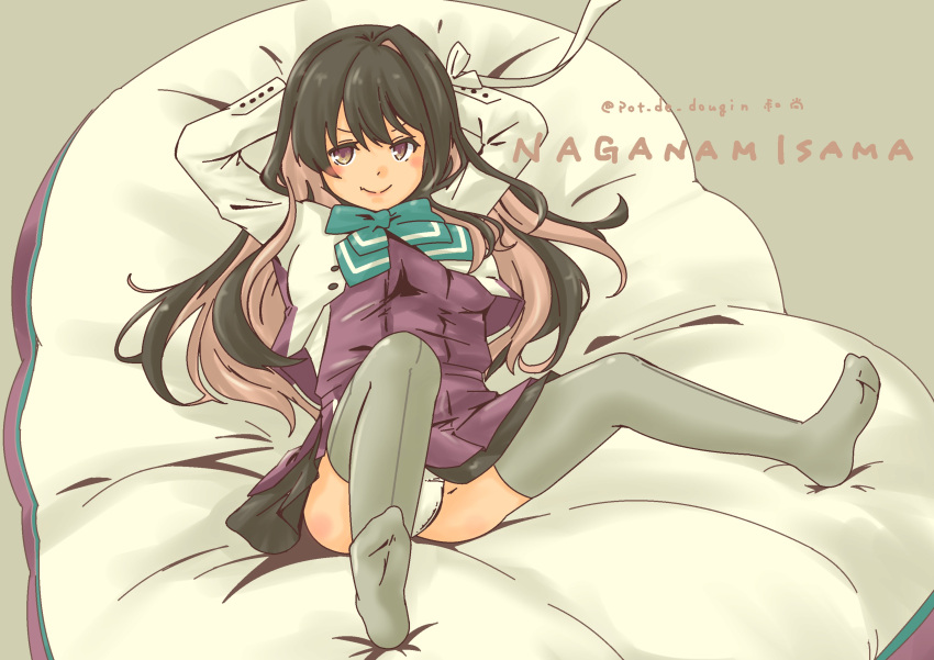 1girl absurdres black_hair blazer blouse boots bow bowtie breasts character_name cross-laced_footwear cushion dress fang gradient_background grey_background grey_thighhighs hair_down hairband halterneck highres jacket kantai_collection lace-up_boots large_breasts long_hair looking_at_viewer multicolored_hair naganami_(kancolle) naganami_kai_ni_(kancolle) no_shoes panties pantyshot pink_hair pleated_skirt pot-de shirt short_sleeves sitting skirt smile soles solo thighhighs two-tone_hair underwear wavy_hair white_hairband white_panties white_shirt