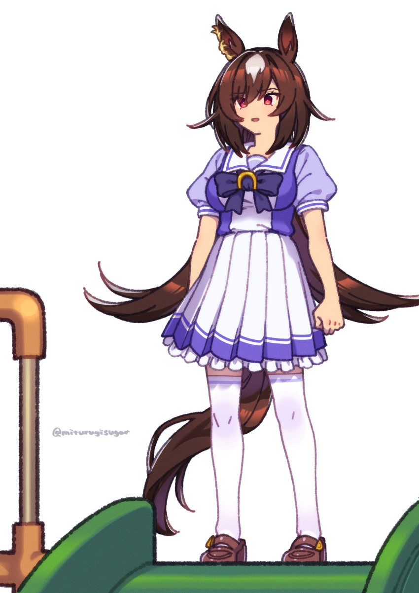 1girl absurdres animal_ears bow bowtie breasts brown_footwear brown_hair ear_ornament hair_between_eyes highres horse_ears horse_girl horse_tail horseshoe_ornament long_hair mitsurugi_sugar multicolored_hair over-kneehighs pleated_skirt puffy_short_sleeves puffy_sleeves purple_bow purple_bowtie purple_shirt red_eyes sailor_collar sailor_shirt school_uniform shirt short_sleeves simple_background sirius_symboli_(umamusume) skirt slide solo streaked_hair tail thighhighs tracen_school_uniform umamusume very_long_hair white_hair white_skirt white_thighhighs