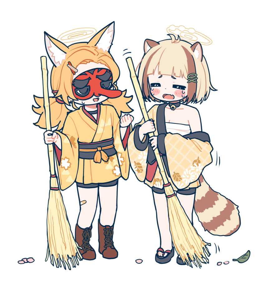 2girls animal_ear_fluff animal_ears arata_(blue_archive) black_choker blonde_hair blue_archive blush boots broom brown_footwear chest_sarashi choker closed_eyes extra_ears fang fox_ears hair_ornament halo highres holding holding_broom japanese_clothes kimono long_sleeves mask morotake multiple_girls obi okobo open_mouth raccoon_ears raccoon_tail sandals sarashi sash short_hair short_twintails simple_background skin_fang street_mouryo_(rl)_(blue_archive) tail tengu_mask twintails white_background wide_sleeves x_hair_ornament yellow_halo yellow_kimono