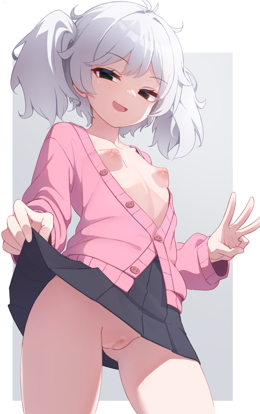 1girl 318-chan :d ahoge ass_visible_through_thighs black_eyes black_skirt breasts cardigan censored clothes_lift commentary_request floral_print from_below grey_background highres hudeako lifted_by_self looking_at_viewer middle_w mosaic_censoring nipples no_bra no_panties open_cardigan open_clothes open_mouth original pink_cardigan pleated_skirt pointy_breasts pussy simple_background skirt skirt_lift small_breasts smile thighs twintails two-tone_background w white_background white_hair