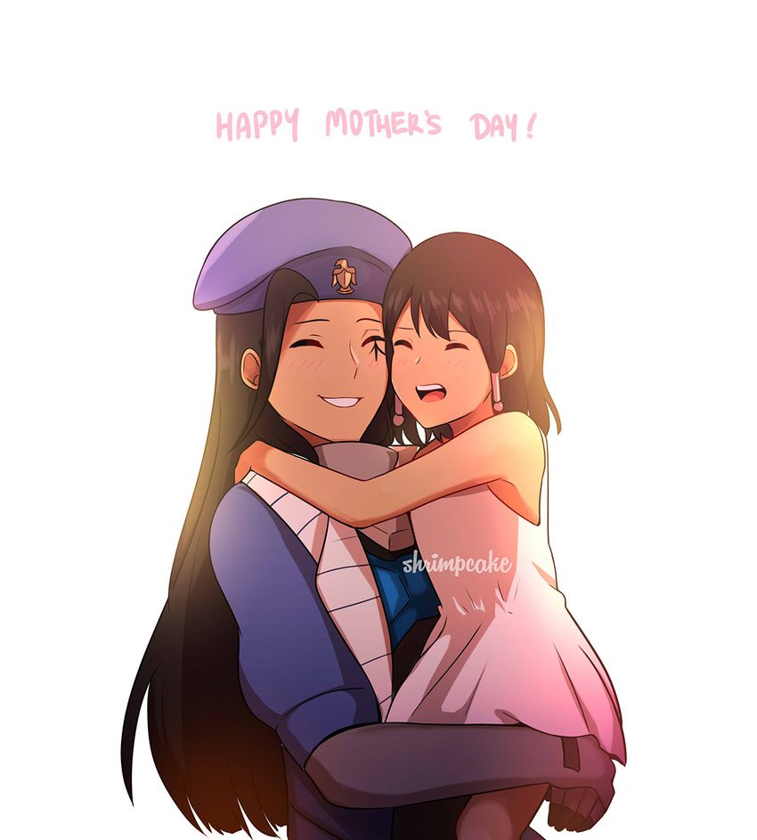:d ^_^ ana_(overwatch) artist_name beret brown_hair captain_amari closed_eyes dress facial_tattoo hat highres hug long_hair mother's_day mother_and_daughter multiple_girls open_mouth overwatch pharah_(overwatch) pink_dress smile supershrimpcakes tattoo younger