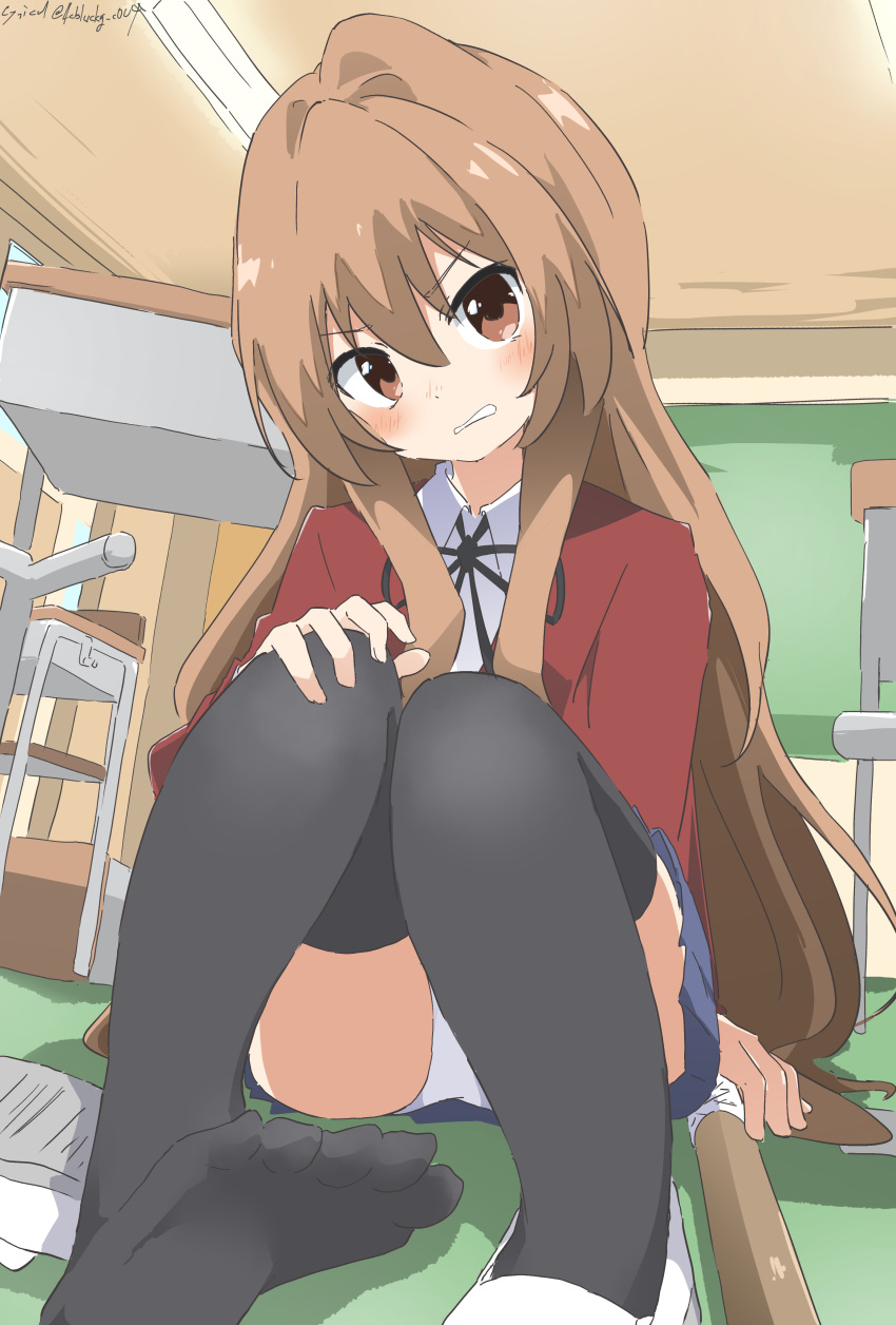 1girl absurdres aisaka_taiga black_ribbon black_thighhighs blazer blue_skirt blush bokken brown_eyes brown_hair chalkboard classroom clenched_teeth collared_shirt commentary cynical_(llcbluckg_c004) desk hair_between_eyes hand_on_own_knee highres indoors jacket knees_up long_hair long_sleeves looking_at_viewer neck_ribbon oohashi_high_school_uniform panties pantyshot pleated_skirt red_jacket ribbon school_desk school_uniform shirt signature skirt solo sword teeth thighhighs toradora! underwear v-shaped_eyebrows very_long_hair weapon white_footwear white_panties white_shirt wooden_sword