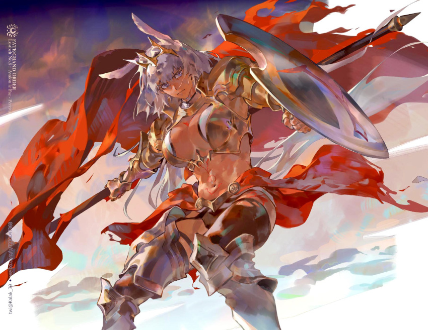 1girl animal_ears armor blue_eyes breasts caenis_(fate) dark-skinned_female dark_skin fate/grand_order fate_(series) greaves highres holding holding_polearm holding_shield holding_weapon kalak_39 large_breasts long_hair navel polearm shield shoulder_armor tattoo twitter_username weapon white_hair