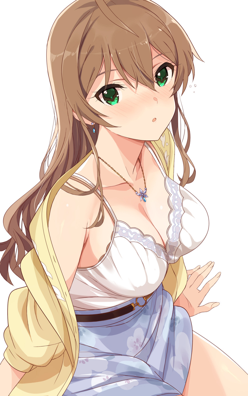 1girl ahoge alternate_hairstyle arm_support bare_shoulders belt black_belt blue_skirt blush breasts brown_hair camisole cleavage collarbone earrings floral_print flower flower_necklace from_above green_eyes hair_between_eyes highres idolmaster idolmaster_million_live! idolmaster_million_live!_theater_days jacket jewelry large_breasts long_hair long_sleeves looking_at_viewer o-ring o-ring_belt off_shoulder print_shirt sakuramori_kaori shirt simple_background single_off_shoulder sitting skirt solo tetsujin_momoko white_background white_camisole yellow_jacket