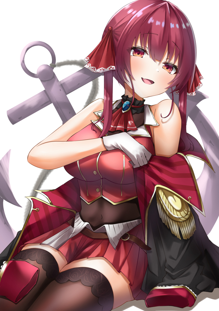 1girl ascot belt black_choker black_coat black_thighhighs blush breasts brown_belt choker cleavage coat cropped_jacket fang frilled_choker frills gloves hair_ribbon heterochromia highres hololive houshou_marine houshou_marine_(1st_costume) jacket large_breasts leotard leotard_under_clothes long_hair looking_at_viewer menmen_(menmen13s) miniskirt open_mouth pleated_skirt red_ascot red_coat red_eyes red_hair red_jacket red_ribbon red_skirt ribbon skin_fang skirt sleeveless sleeveless_jacket smile thighhighs twintails two-sided_coat two-sided_fabric virtual_youtuber white_gloves yellow_eyes