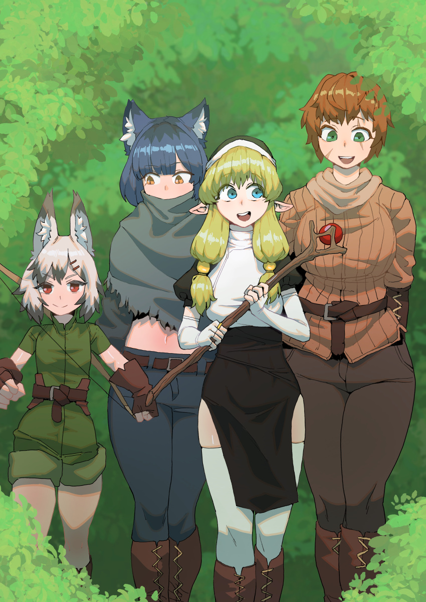 absurd_res animal_humanoid big_breasts black_bottomwear black_clothing black_pants blue_hair bottomwear bow_(weapon) breasts brown_bottomwear brown_clothing brown_hair brown_pants brown_shirt brown_topwear cat_humanoid clothed clothing elf felid felid_humanoid feline feline_humanoid female forest green_bottomwear green_clothing green_eyes green_shirt green_shorts green_topwear grey_hair group hair hi_res homerus human humanoid mammal mammal_humanoid navel nun nun_outfit orange_eyes pancho pants plant ranged_weapon red_eyes scar shirt shorts shrub staff topwear tree weapon