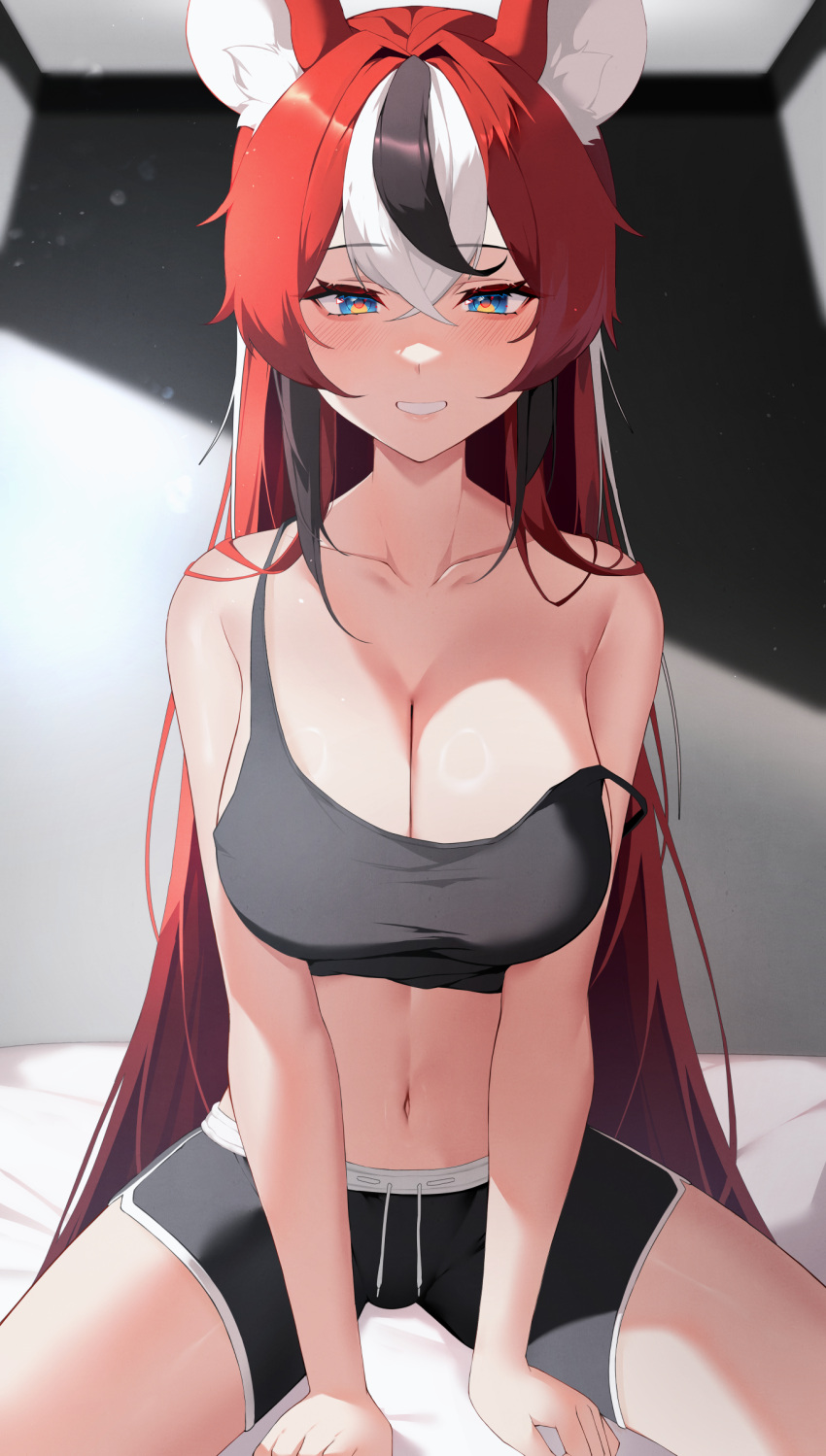 1girl absurdres animal_ears bare_arms bare_shoulders between_legs black_shirt black_shorts blue_eyes blurry breasts camisole cleavage collarbone crop_top depth_of_field dolphin_shorts drawstring grin hair_between_eyes hakos_baelz highres hololive hololive_english large_breasts lessone long_hair looking_at_viewer midriff mouse_ears mouse_girl multicolored_hair navel paid_reward_available red_hair shirt short_shorts shorts sitting sleeveless sleeveless_shirt smile solo spaghetti_strap spread_legs stomach strap_slip streaked_hair thighs two-tone_hair very_long_hair virtual_youtuber