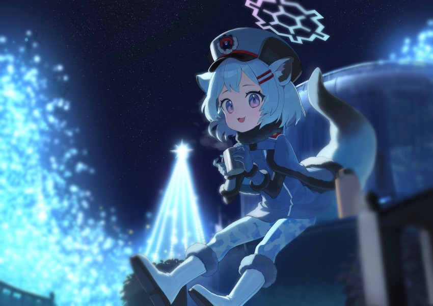 1girl absurdres aged_down animal_ears bada_(jksh5056) blue_archive blue_halo boots capelet cup fur-trimmed_boots fur_hat fur_trim gloves green_hair grey_capelet grey_gloves grey_hat halo hat highres holding holding_cup long_sleeves night outdoors purple_eyes shigure_(blue_archive) short_hair sitting solo tail ushanka weasel_ears weasel_tail white_footwear