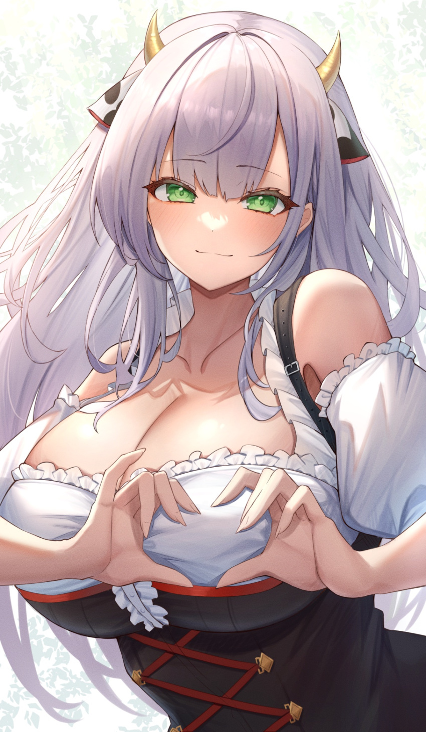 1girl animal_ears blush breasts cleavage cow_ears cow_horns detached_sleeves dirndl german_clothes green_eyes grey_hair heart heart_hands highres hololive horns large_breasts long_hair looking_at_viewer menmen_(menmen13s) official_alternate_costume puffy_short_sleeves puffy_sleeves shirogane_noel shirogane_noel_(dirndl) short_sleeves smile solo virtual_youtuber white_sleeves