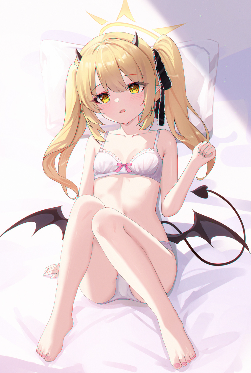 1girl absurdres ass barefoot bed_sheet black_horns black_tail black_wings blonde_hair blue_archive blush bra collarbone commentary demon_horns demon_tail demon_wings full_body halo highres horns ibuki_(blue_archive) knees_together_feet_apart long_hair open_mouth panties pillow pointy_ears sitting solo tail toes twintails underwear underwear_only usagi_(786113654) white_bra white_panties wings yellow_eyes yellow_halo