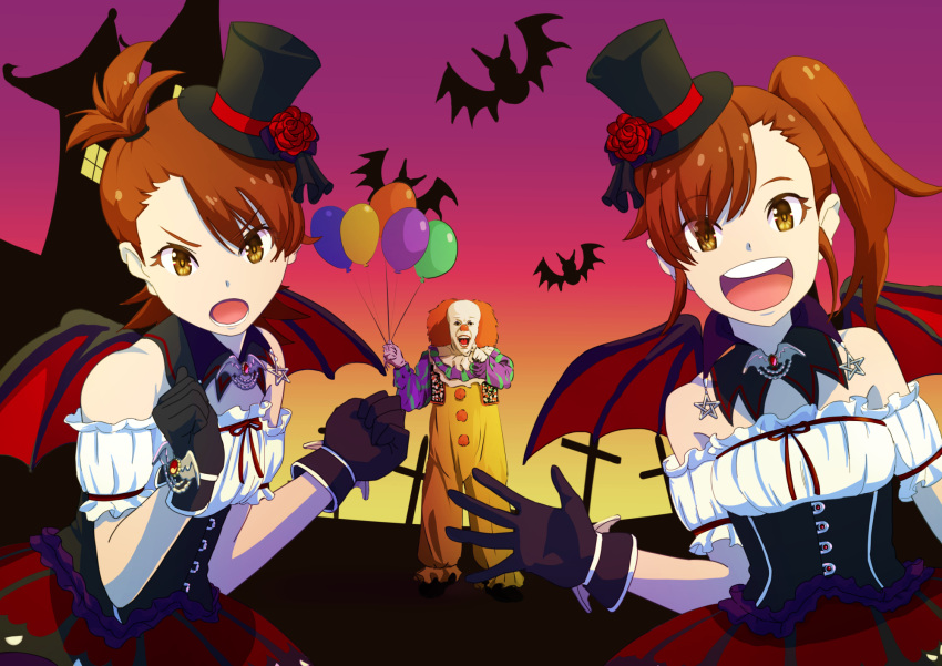 1boy 2girls :d :o balloon bare_shoulders bat_(animal) bat_wings black_gloves black_hat brown_eyes brown_hair clenched_hands clown commentary_request crossover fake_wings flower futami_ami futami_mami gloves gradient_background halloween halloween_costume hand_up hands_up happy hat hat_flower highres holding holding_balloon idolmaster idolmaster_(classic) it_(stephen_king) looking_at_viewer lower_teeth_only mappy_(minogue) medium_hair multiple_girls my_dear_vampire_(idolmaster) off-shoulder_shirt off_shoulder one_side_up open_mouth pennywise pointing pointing_at_viewer purple_background red_flower red_rose red_skirt rose round_teeth serious shirt short_hair short_sleeves siblings side-by-side side_ponytail simple_background sisters skirt smile star_ornament swept_bangs teeth top_hat twins upper_body upper_teeth_only v-shaped_eyebrows white_shirt wings yellow_background