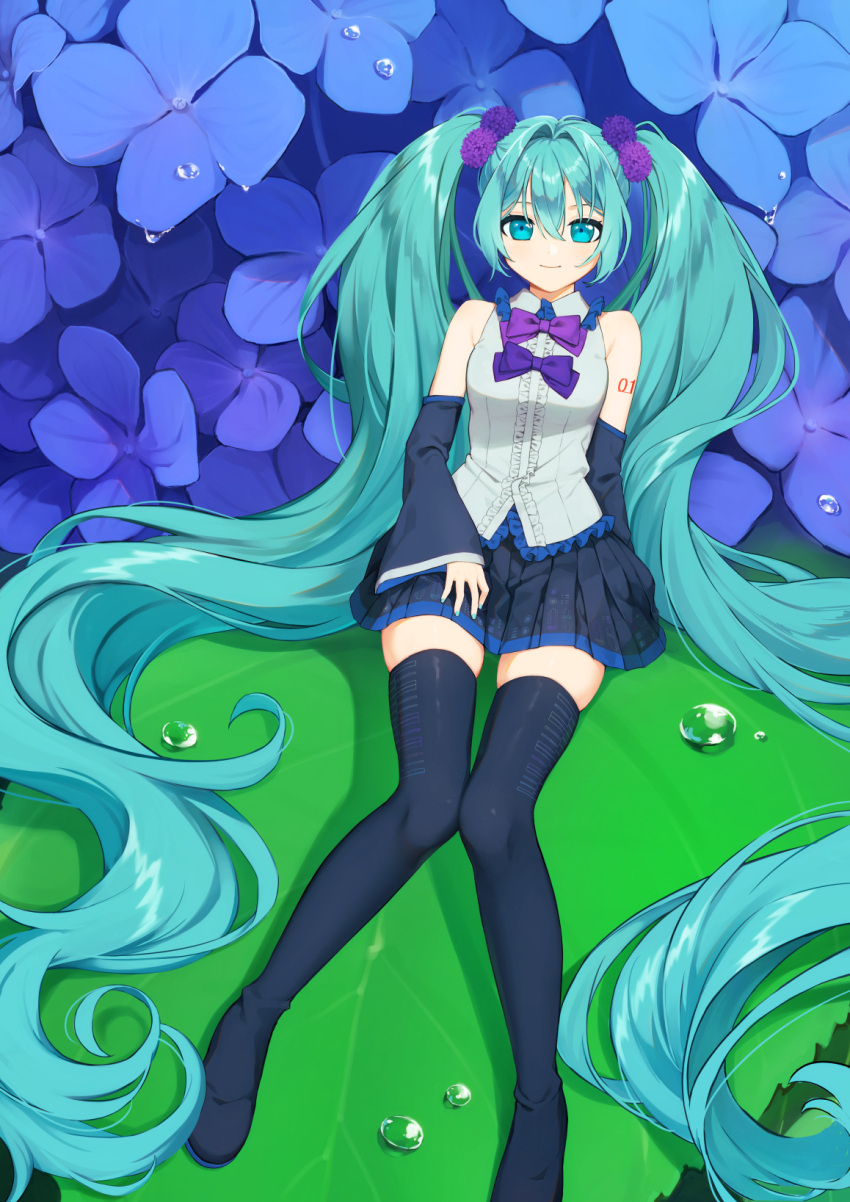 1girl absurdly_long_hair aqua_eyes aqua_hair asuka_gin bare_shoulders black_footwear black_skirt black_sleeves black_thighhighs blue_eyes blue_flower boots bow bowtie breasts closed_mouth collared_shirt commentary detached_sleeves flower frilled_shirt frills full_body grey_shirt hair_between_eyes hair_flower hair_intakes hair_ornament hatsune_miku highres hydrangea leaf long_hair long_sleeves looking_at_viewer mini_person minigirl miniskirt pleated_skirt purple_bow purple_bowtie purple_flower shirt shoulder_tattoo sitting skirt sleeveless sleeveless_shirt smile solo tattoo thigh_boots thighhighs twintails very_long_hair vocaloid water_drop white_shirt zettai_ryouiki