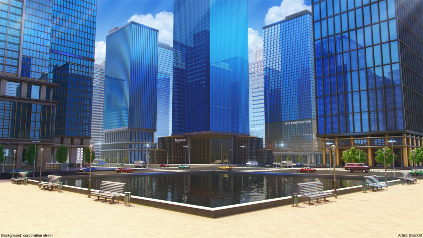 3d bench blue_sky building car city cityscape cloud commentary_request day highres intersection lamppost motor_vehicle no_humans original outdoors park_bench reflecting_pool reflection road scenery sitai_xiii sky skyscraper tree window