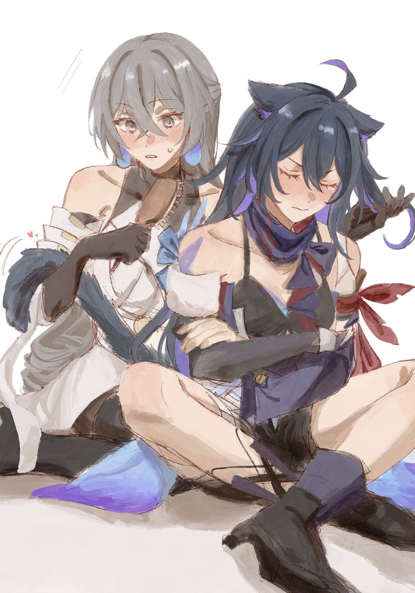 2girls ahoge animal_ears arm_scarf armband bandana_around_arm bare_shoulders black_gloves blue_hair blush boots breasts bronya_rand brushing_hair cat_ears cat_tail closed_eyes closed_mouth collarbone colored_inner_hair crossed_arms crossed_bangs detached_sleeves dress drill_hair earrings elan_ouo elbow_gloves gloves grey_eyes grey_hair hair_between_eyes heart high_heels highres holding holding_brush honkai:_star_rail honkai_(series) jewelry kemonomimi_mode long_hair multicolored_hair multiple_girls purple_hair red_armband seele_(honkai:_star_rail) shorts simple_background sitting tail white_background white_dress yuri