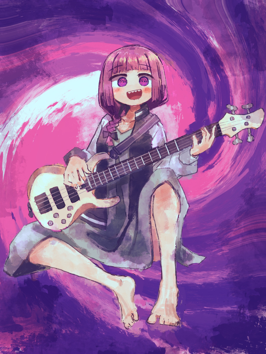 1girl :d @_@ absurdres barefoot bass_guitar blunt_bangs blush bocchi_the_rock! dolphilia dress full_body green_dress guitar guitar_strap highres hiroi_kikuri holding holding_guitar holding_instrument instrument jacket looking_at_viewer multicolored_clothes multicolored_jacket no_nose open_mouth psychedelic purple_background purple_hair sharp_teeth sitting smile solo spiral_background tareme teeth two-tone_jacket