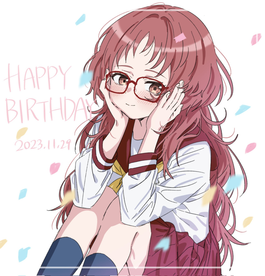 1girl blue_socks blush brown_eyes closed_mouth commentary_request confetti dated glasses hands_on_own_cheeks hands_on_own_face happy_birthday head_rest highres kneehighs knees_up long_hair long_sleeves mie_ai neckerchief pleated_skirt red-framed_eyewear red_hair red_sailor_collar red_skirt sailor_collar school_uniform shirt sitting skirt smile socks solo sukinako_ga_megane_wo_wasureta to9_722 white_background white_shirt yellow_neckerchief