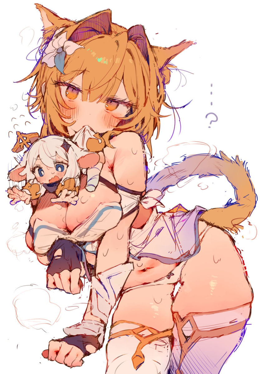 ... 2girls ? animal_ears arms_under_breasts bare_shoulders black_gloves blonde_hair blue_eyes blush breasts cat_ears cat_tail cleavage double-parted_bangs fingerless_gloves floating_hair flying_sweatdrops genshin_impact gloves hair_between_eyes hair_intakes highres looking_at_viewer lumine_(genshin_impact) mouth_hold multiple_girls navel otintin paimon_(genshin_impact) panties paw_pose simple_background steaming_body sweat tail thigh_gap thighhighs underwear very_sweaty white_background white_hair white_panties white_thighhighs yellow_eyes