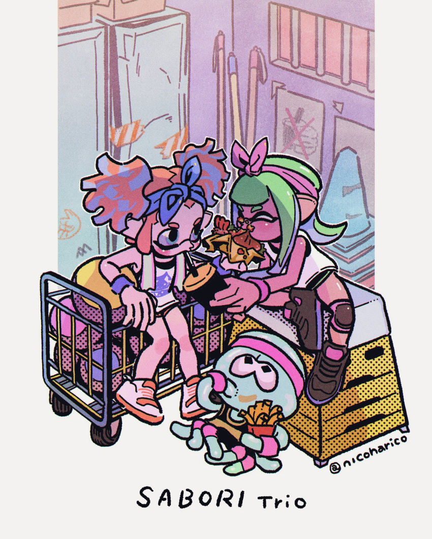 2girls ball black_footwear blue_eyes blue_ribbon blue_wristband box closed_eyes drinking eating food food_on_face graffiti green_hair gym_storeroom highres inkling inkling_girl inkling_player_character jellyfish_(splatoon) knee_pads locker multicolored_hair multiple_girls nicoharico pink_ribbon pink_wristband pointy_ears poster_(object) ribbon sharing_food short_hair sitting splatoon_(series) towel towel_around_neck traffic_cone vaulting_horse white_footwear