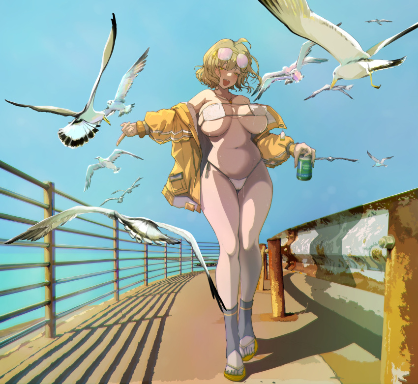 1girl absurdres ahoge anis_(nikke) anis_(sparkling_summer)_(nikke) bikini bird blush breasts brown_hair cameltoe can cleavage collarbone drink_can eyewear_on_head goddess_of_victory:_nikke groin highleg highleg_bikini highres holding holding_can huge_breasts jacket navel official_alternate_costume okota_(pixiv) open_clothes open_jacket outdoors seagull smile soda soda_can solo stomach string_bikini sweat swimsuit tinted_eyewear white_bikini yellow_jacket