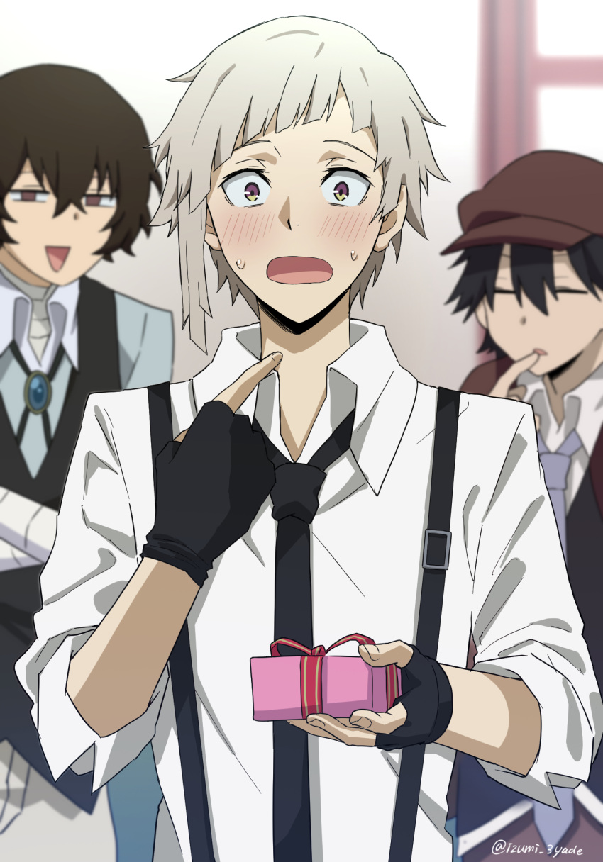 3boys bandaged_arm bandages black_gloves black_hair black_necktie blush brown_eyes brown_hat bungou_stray_dogs character_request closed_eyes collared_shirt dazai_osamu_(bungou_stray_dogs) fingerless_gloves gift gloves highres indoors izumi3_desuyo multiple_boys nakajima_atsushi_(bungou_stray_dogs) necktie open_mouth pointing pointing_at_self shirt short_hair upper_body white_hair