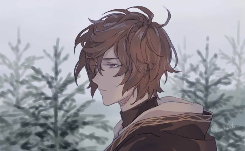 1boy ahoge artist_name brown_eyes brown_hair commentary_request expressionless forest granblue_fantasy hair_between_eyes hood hood_down light_frown looking_ahead messy_hair nature pine_tree pota_(bluegutty) sandalphon_(granblue_fantasy) short_hair signature solo tree turtleneck twitter_username upper_body