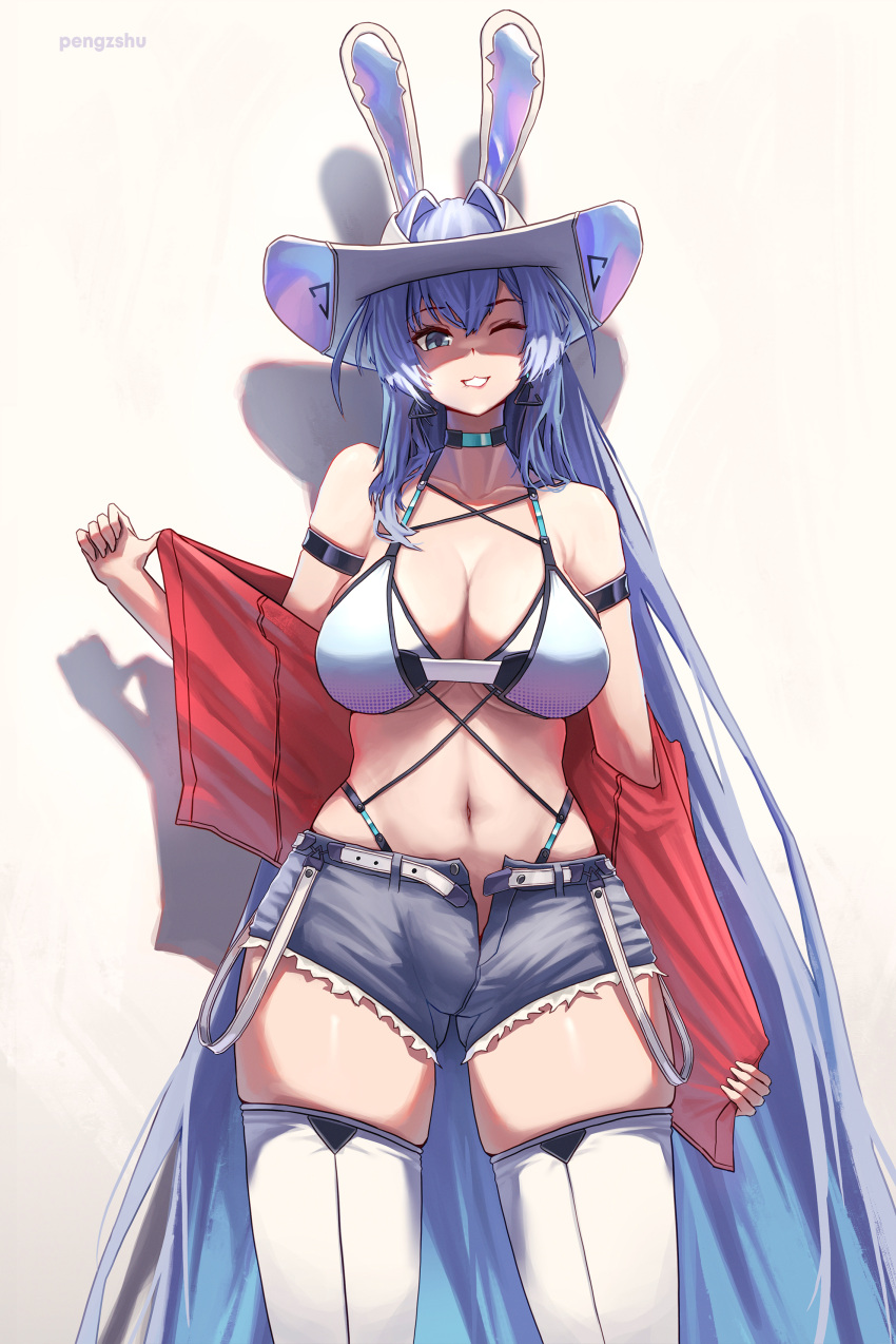 1girl absurdres alternate_costume animal_ears artist_name ass_visible_through_thighs azur_lane bare_shoulders bikini biting_own_lip black_choker blue_eyes blue_hair breasts choker cleavage collarbone commentary cowboy_shot denim denim_shorts earrings fake_animal_ears hair_between_eyes hair_intakes hat highleg highleg_bikini highres jacket jewelry large_breasts long_hair looking_at_viewer navel new_jersey_(azur_lane) off_shoulder open_fly parted_lips pengzshu rabbit_ears red_jacket shadow short_shorts shorts sidelocks simple_background skindentation smile solo standing stomach swimsuit thighhighs triangle_earrings very_long_hair white_background white_bikini white_thighhighs