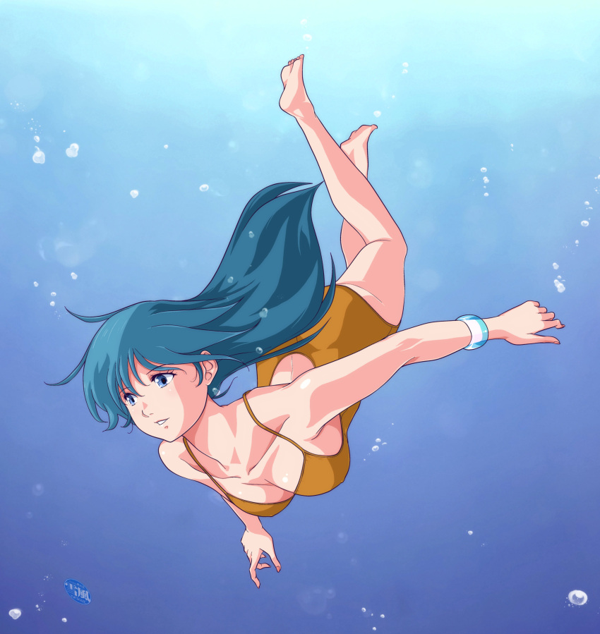 1girl absurdres air_bubble ayukawa_madoka barefoot blue_eyes blue_hair bracelet bubble collarbone highres jewelry kimagure_orange_road long_hair one-piece_swimsuit orange_one-piece_swimsuit solo swimming swimsuit underwater upside-down yukikaze_(isamiashi)