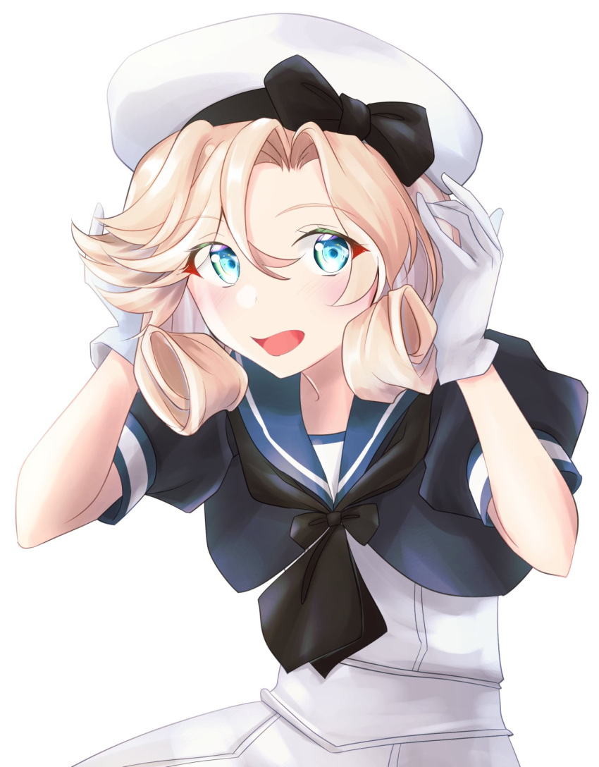 1girl black_jacket black_neckerchief blonde_hair blue_eyes blue_sailor_collar dress gloves hair_between_eyes hat highres jacket janus_(kancolle) kantai_collection looking_at_viewer neckerchief open_mouth parted_bangs sailor_collar sailor_dress sailor_hat short_hair short_sleeves simple_background solo tsukasa_(tukasa_br) upper_body white_background white_dress white_gloves white_hat