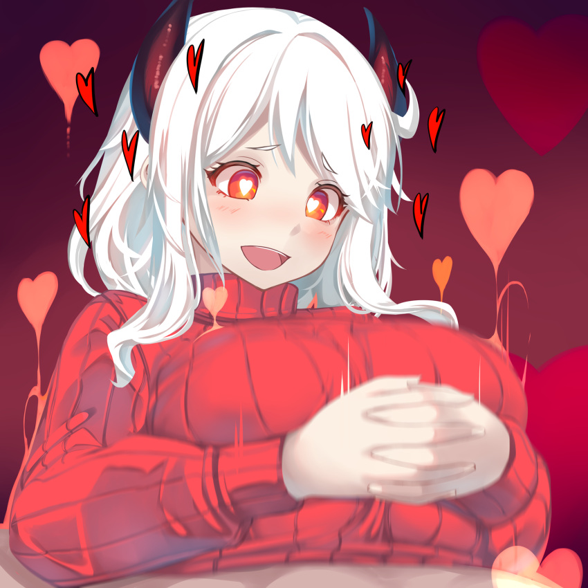 1boy 1girl black_horns breasts breasts_squeezed_together demon_girl demon_horns heart heart-shaped_pupils helltaker hetero highres horns large_breasts long_sleeves modeus_(helltaker) paizuri paizuri_under_clothes pov red_eyes red_sweater ribbed_sweater shiki_(psychedelic_g2) solo_focus sweater symbol-shaped_pupils white_hair