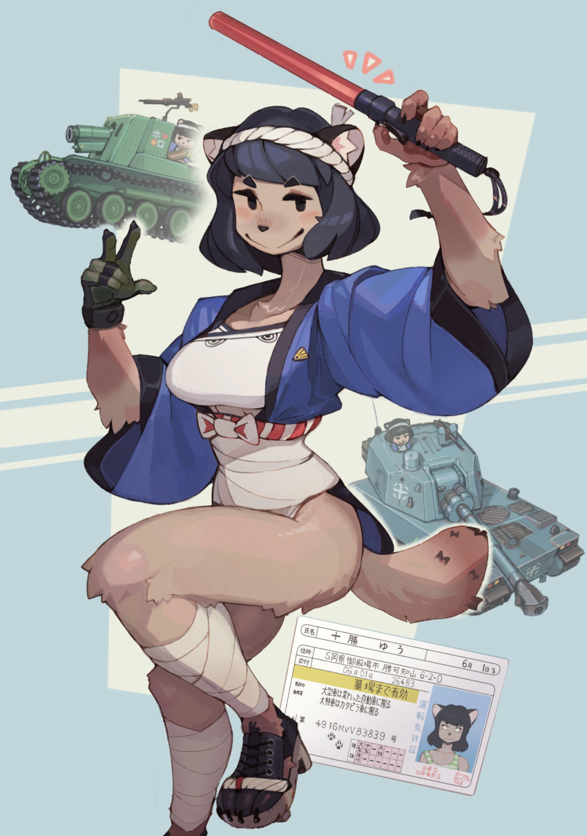 absurd_res anthro canid canine clothing female hi_res hideki_kaneda juzen_yuu_(hideki_kaneda) mammal raccoon_dog solo tan_body tank tanuki vehicle