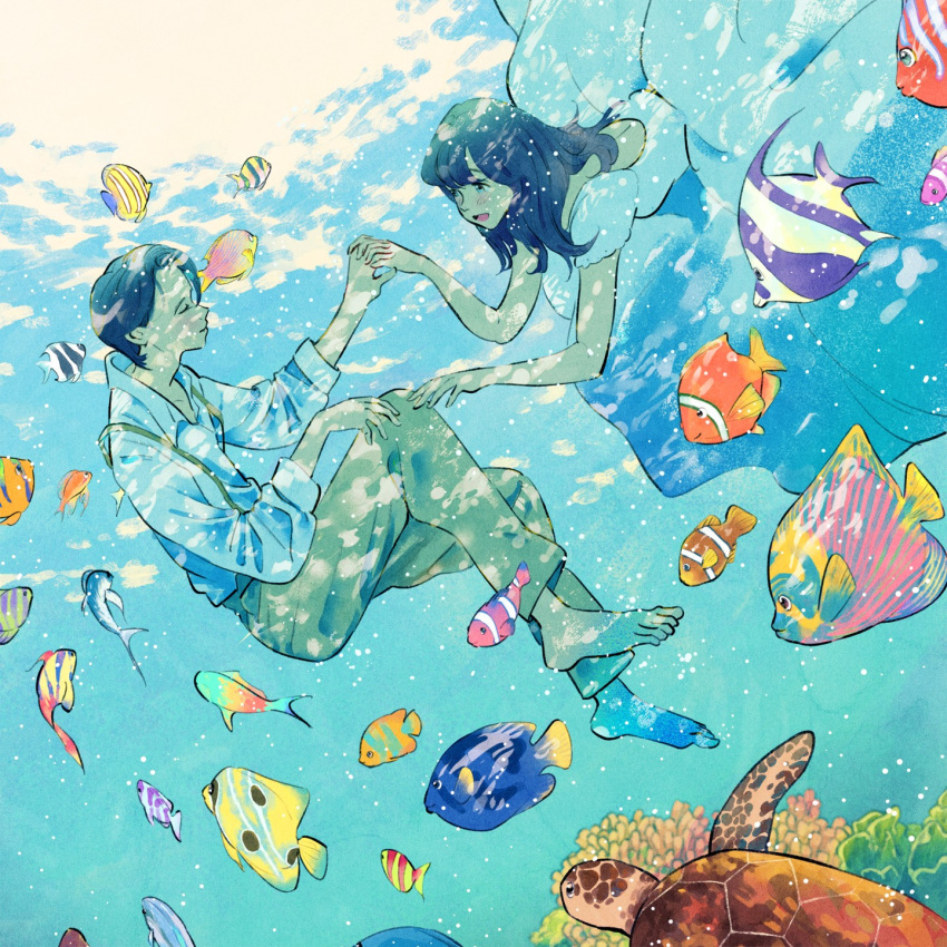 1boy 1girl air_bubble barefoot black_hair blue_dress bubble caustics closed_eyes clownfish collared_shirt coral dress fish fish_request gomafuki highres holding_hands long_hair long_sleeves looking_at_another open_mouth original pants shirt short_hair short_sleeves smile suspenders toes tropical_fish turtle underwater white_dress white_shirt