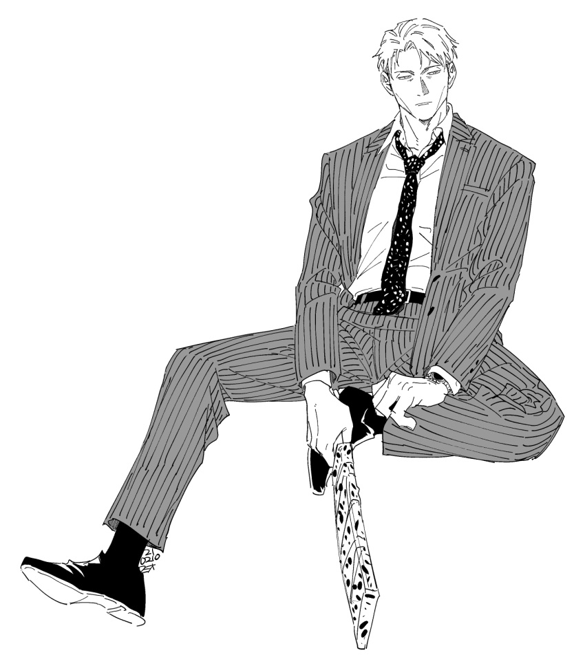 1boy collared_shirt full_body greyscale highres holding holding_knife holding_weapon jujutsu_kaisen knife long_sleeves male_focus monochrome nanami_kento necktie pants pinstripe_jacket pinstripe_pants pinstripe_pattern pinstripe_suit polka_dot_necktie shirt shoes short_hair solo suit sumio_(smosmo) weapon