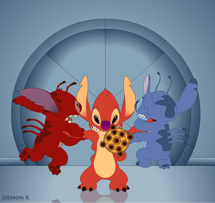 2014 3_toes 4_arms 4_fingers 4_toes 6_arms aiming_at_viewer alien antennae back_markings back_spines black_claws blue_claws blue_fur blue_markings blue_nose claws clenched_teeth demonxtartarus digital_drawing_(artwork) digital_media_(artwork) disney door ears_back ears_up evil_grin evile_(lilo_and_stitch) experiment_(species) eyes_closed featureless_crotch fur half-closed_eyes hands_behind_back head_tuft holding_object holding_weapon juggernaut leroy_(lilo_and_stitch) lilo_and_stitch looking_at_viewer markings multi_arm multi_limb no_sclera notched_ear open_mouth plasma_rifle pointy_ears purple_eyes purple_nose red_fur red_markings red_nose reflection small_tail smile stitch strangling teeth toes tuft watermark weapon