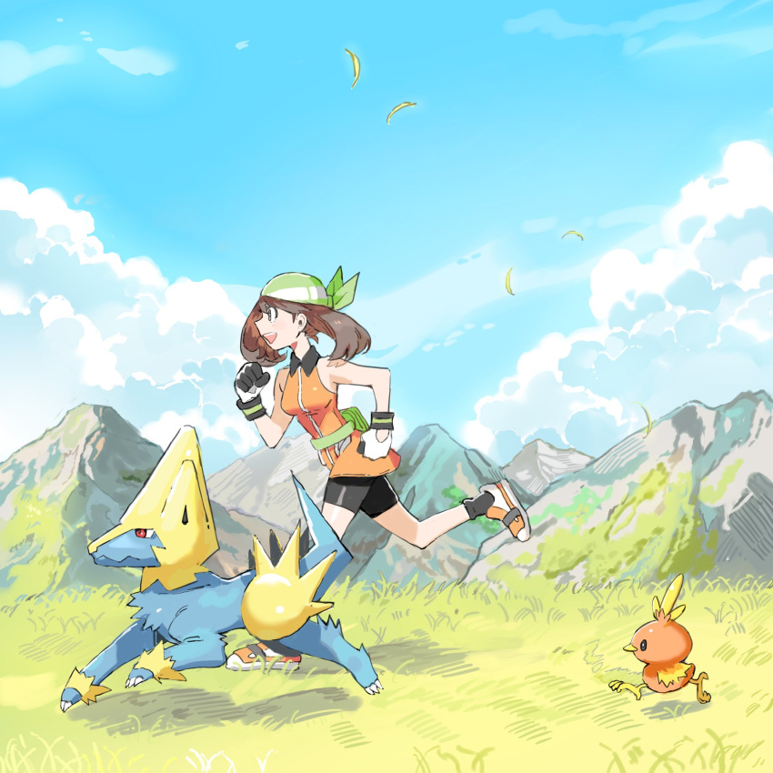 1girl aisutabetao bandana bare_shoulders bike_shorts black_shorts black_socks blue_sky brown_hair clenched_hands cloud cloudy_sky dress fanny_pack from_side gloves grass green_bandana highres manectric may_(pokemon) mountain mountainous_horizon open_mouth orange_dress outdoors pokemon pokemon_(creature) pokemon_emerald pokemon_rse running shoes shorts sky sleeveless sleeveless_dress socks teeth torchic upper_teeth_only