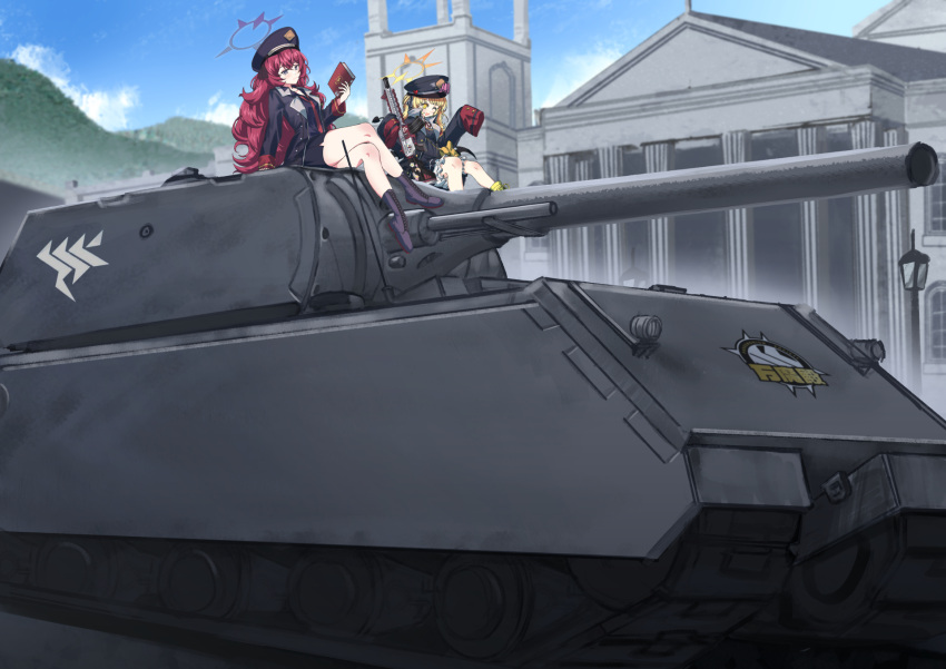 2girls black_coat black_footwear black_hat black_skirt blonde_hair bloomers blue_archive book boots coat commission day grey_eyes grey_halo gun hair_between_eyes halo hat highres holding holding_book ibuki_(blue_archive) iroha_(blue_archive) long_hair long_sleeves military_vehicle motor_vehicle multiple_girls open_clothes open_coat outdoors peaked_cap persocon93 pixiv_commission red_hair rubber_boots skirt sleeves_past_fingers sleeves_past_wrists tank weapon white_bloomers yellow_eyes yellow_footwear yellow_halo