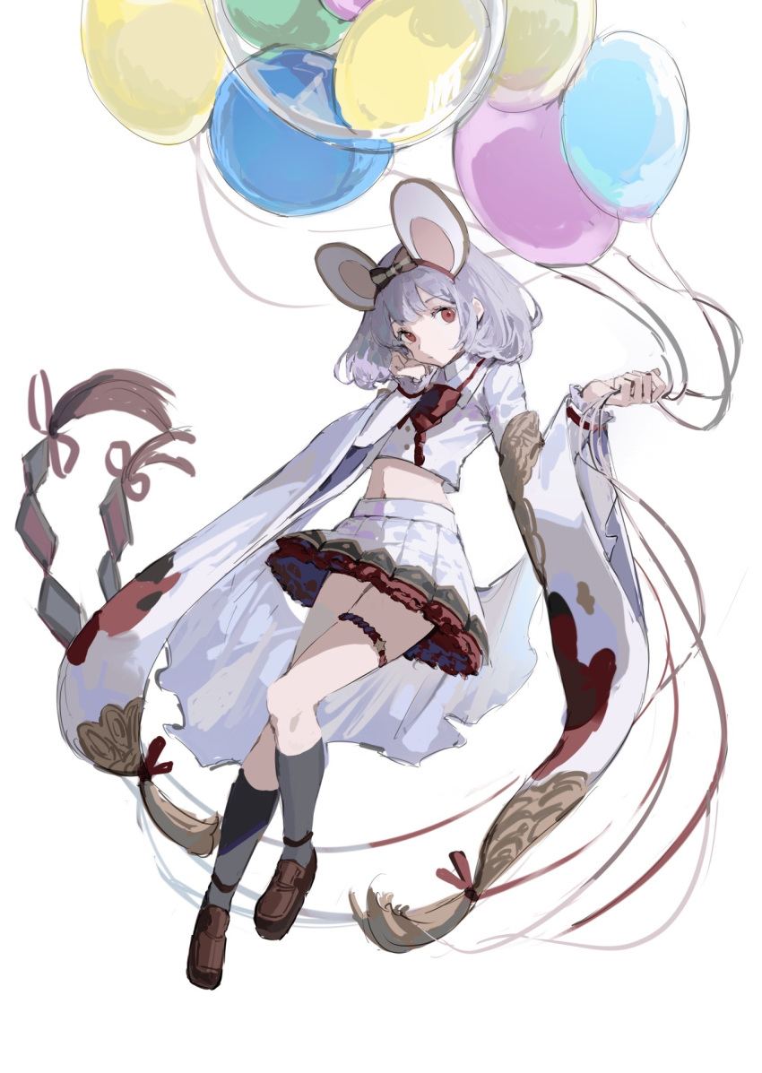 1girl aco_gbfg animal_ears balloon black_socks bow bowtie crop_top fake_animal_ears floating_clothes full_body granblue_fantasy grey_hair hands_up highres holding holding_balloon kneehighs loafers looking_at_viewer midriff mouse_ears petticoat pleated_skirt red_bow red_bowtie shoes short_hair simple_background skirt socks solo thigh_strap vikala_(granblue_fantasy) white_background white_skirt wide_sleeves