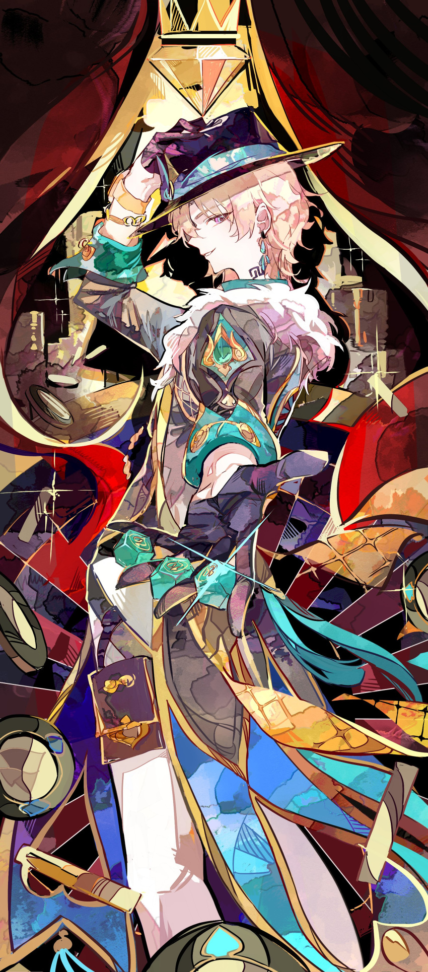 1boy absurdres aqua_shirt aventurine_(honkai:_star_rail) black_gloves black_hat black_jacket blonde_hair bracelet closed_mouth cocoballking collared_shirt curtains fur_trim gloves hat highres honkai:_star_rail honkai_(series) jacket jewelry looking_at_viewer male_focus multicolored_eyes outstretched_hand pants shirt short_hair solo watch white_pants wristwatch