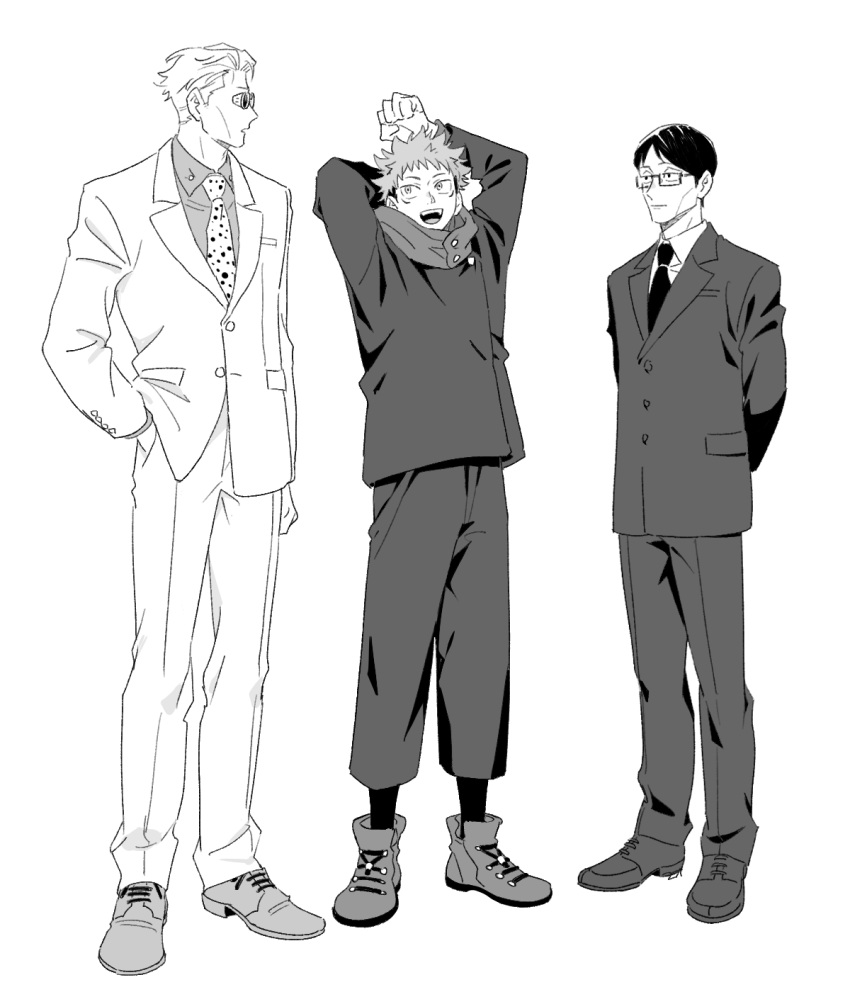 2boys arms_behind_back arms_up collared_shirt full_body glasses goggles greyscale hand_in_pocket highres ijichi_kiyotaka itadori_yuuji jujutsu_kaisen jujutsu_tech_uniform long_sleeves looking_at_another male_focus monochrome multiple_boys nanami_kento necktie open_mouth pants shirt shoes standing suit sumio_(smosmo) teeth upper_teeth_only