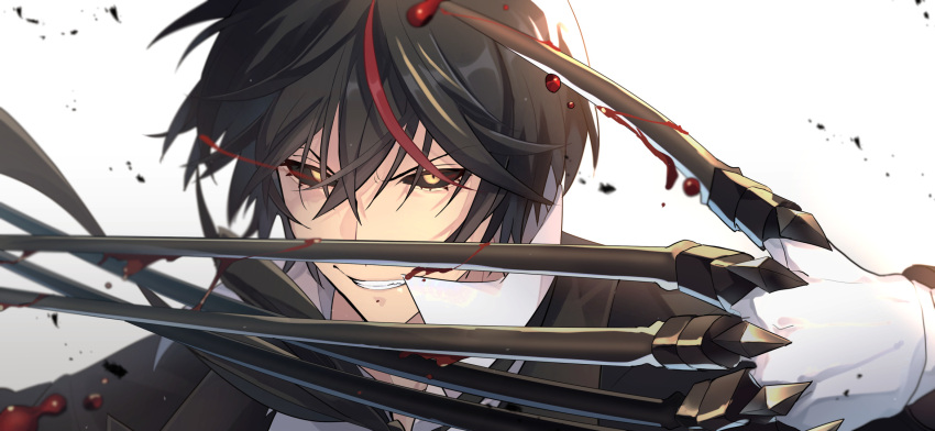 1boy black_hair black_sclera blood claw_(weapon) colored_sclera diablo_(tensei_shitara_slime_datta_ken) gloves grin high_collar highres ou_negi short_hair smile solo tensei_shitara_slime_datta_ken v-shaped_eyebrows weapon white_gloves