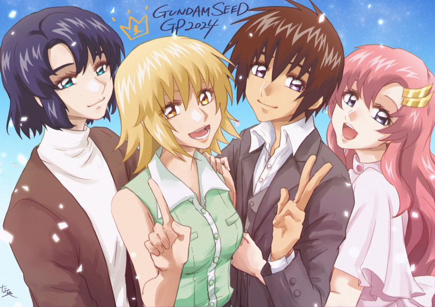 2024 2boys 2girls athrun_zala blonde_hair blue_eyes blue_hair brother_and_sister brown_hair cagalli_yula_athha casual copyright_name crown green_eyes gundam gundam_seed gundam_seed_freedom hair_ornament hand_on_another's_shoulder highres hug hug_from_behind kira_yamato lacus_clyne long_hair looking_at_viewer multiple_boys multiple_girls nagisa_(nagi7mayn) pink_hair pointing pointing_up purple_eyes short_hair siblings sleeveless smile w yellow_eyes