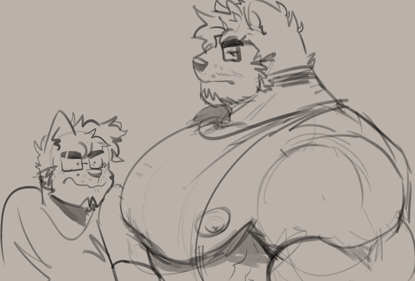 2021 absurd_res anthro barazoku big_pecs brown_background canid canine canis clothed clothing digital_media_(artwork) domestic_dog duo eyewear glasses hi_res huge_pecs looking_at_another male mammal melaisen muscular muscular_anthro muscular_male pecs simple_background sketch