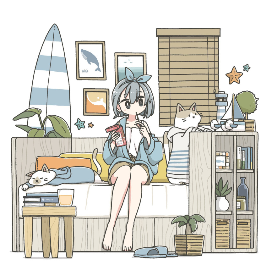 1girl barefoot cat coffee_table collarbone couch grey_hair highres indoors long_sleeves original plant potted_plant shelf short_hair sitting solo table tameikirakuda