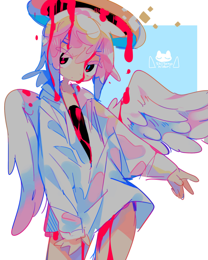 1boy absurdres angel_wings artist_logo blood blood_in_hair blood_on_clothes bloody_wings closed_mouth colored_eyelashes commentary_request cowboy_shot feathered_wings halo highres long_sleeves male_focus original pink_hair raito-kun_(uenomigi) shirt short_hair solo uenomigi white_shirt white_wings wings
