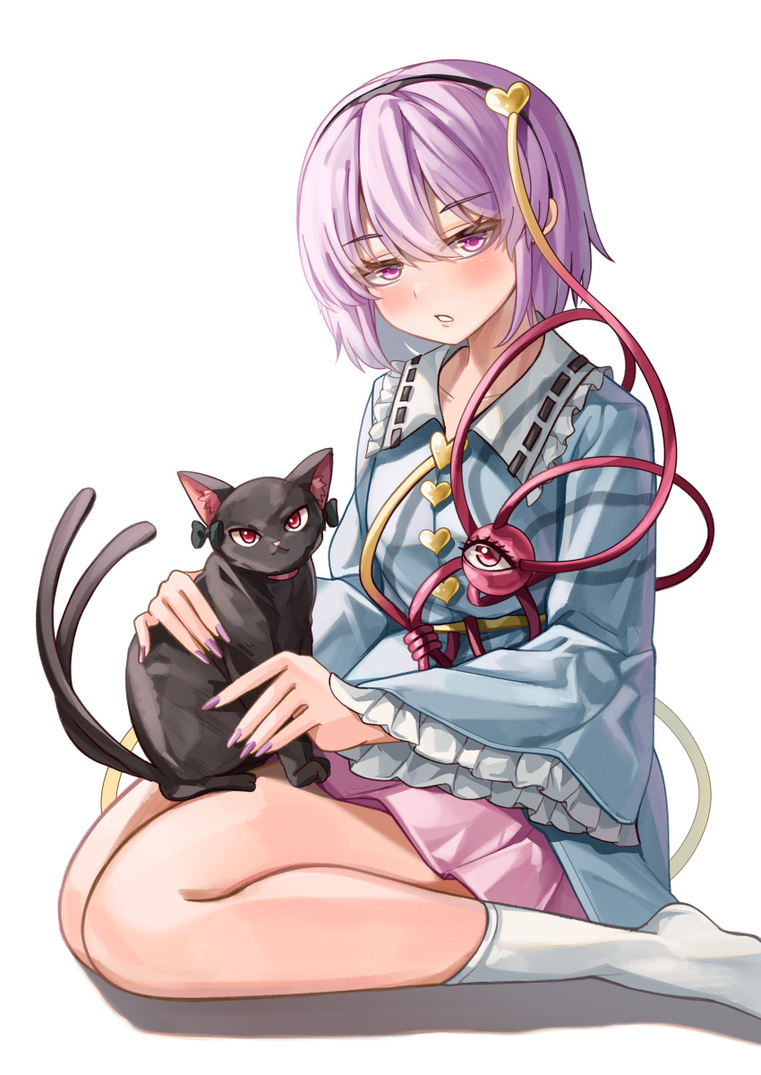 1girl absurdres animal_on_lap black_bow black_cat blush bow buttons cat cat_on_lap commentary eyelashes fingernails foot_out_of_frame frilled_shirt_collar frilled_sleeves frills from_side hair_between_eyes hair_ornament heart heart_button heart_hair_ornament highres kaenbyou_rin kaenbyou_rin_(cat) komeiji_satori long_fingernails long_sleeves looking_at_viewer mahoro_(minase_mahoro) multiple_tails nail_polish nekomata no_shoes on_lap parted_lips pink_eyes purple_hair purple_nails red_eyes short_hair simple_background sitting socks solo tail third_eye touhou tsurime two_tails wariza white_background white_socks wide_sleeves