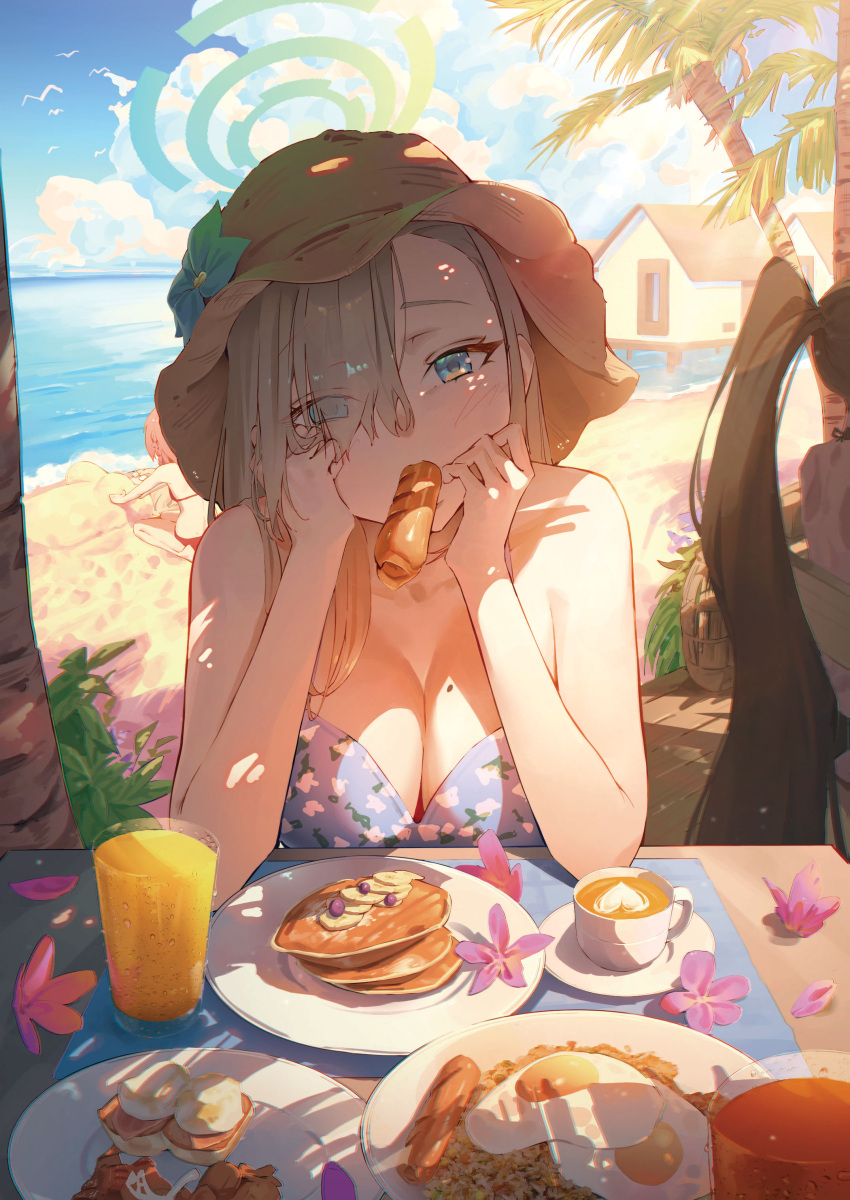 3girls absurdres asuna_(blue_archive) beach bikini blue_archive blue_bikini blue_eyes blue_halo breasts cleavage cup day drink drinking_glass food food_in_mouth fried_egg fried_rice hair_over_one_eye halo hat highres jhigf karin_(blue_archive) large_breasts light_brown_hair long_hair looking_at_viewer mole mole_on_breast multiple_girls neru_(blue_archive) ocean outdoors palm_tree pancake straw_hat swimsuit tree